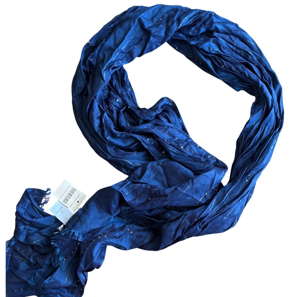 Coldwater Creek Sequin Sparkle Scarf Navy Blue Silver Metallic Pinstripe NWT